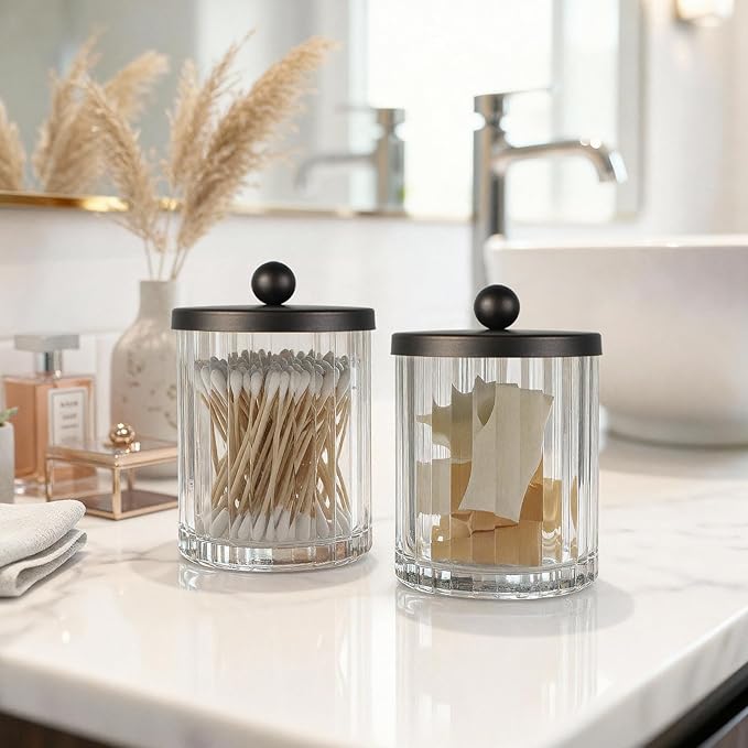 Amolliar Apothecary Jars Bathroom Vanity Storage Organizer Set, Countertop Canister with Stainless Steel Lid & Cute Stickers, Qtip Holder Dispenser for Cotton Swabs, Balls, Makeup Pads(Bronze, 2 Pack)