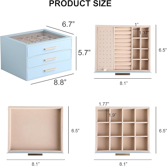 Frebeauty Clear Lid Jewelry Box,3-Layer Jewelry Organizer with Drawer,PU Leather Jewelry Organizers and Storage,Jewelry Boxes for Women,Jewelry Storage for Rings Earring Stud,Gift for Women(Sky Blue)