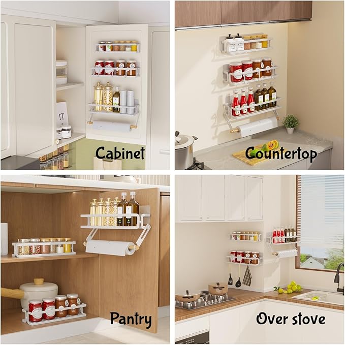 3 Pack Spice Rack Wall Mount With Paper Towel Holder and Hooks, Screw or Adhesive Hanging Spice Shelf,Space Saving Spice Organizer for Seasonings, Spice Racks for Stove,Cabinet, Pantry,White