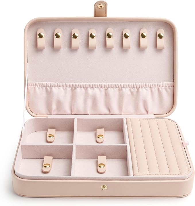 VELORIA PU Leather Travel Jewelry Organizer Case, Snap-Clasp Necklace Holder with Elastic Pouch, Ring & Earring Storage, Compact Jewelry Box for Bracelets and Bangles, Cloud Pink