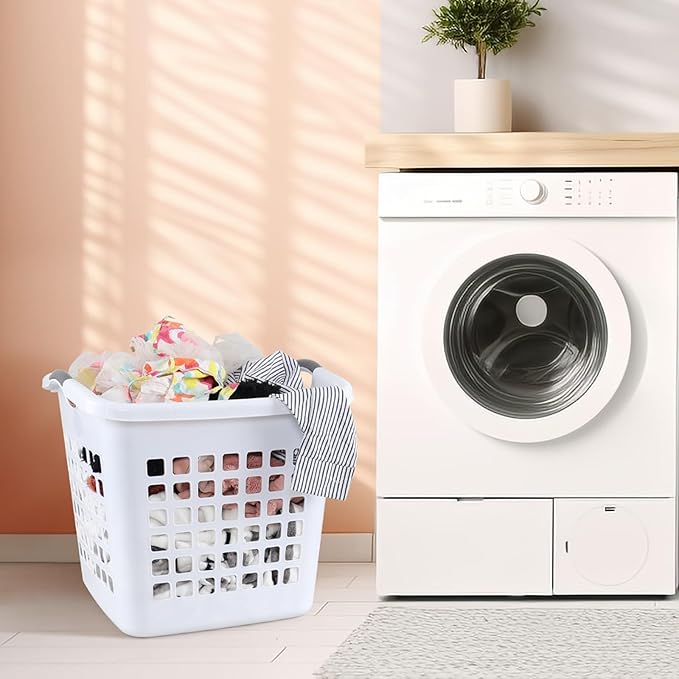 2 Bushel Square Tall Plastic Laundry Basket, 72 L Large Plastic Hamper with Carry Handle, White, 4 Pack