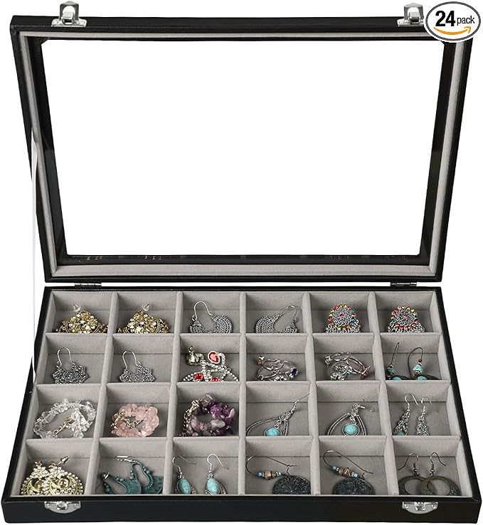 Stratalife Earring Organizer Velvet Jewelry Organizer Box 24 Grid Earring Tray Jewelry Display Jewelry Storage Jewelry Trays For Drawers Jewelry Display Case With Clasp (Gray Black)