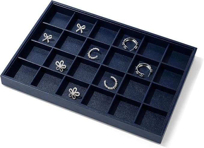 Blue Leather Jewelry Tray Earring Organizer Tray 24 Girds Jewelry Display Tray Ring Earrings Holder Trays Jewelry Drawer Organizer for Ring Earrings Storage Display