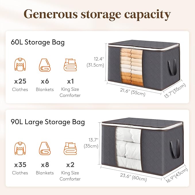 Lifewit 90L Large Storage Bags, 10 Pack Closet Organizers and Storage, Clothes Storage Bins with Lids, Foldable Storage Containers with Reinforced Handles for Clothing Blanket Bedding Comforter Gray