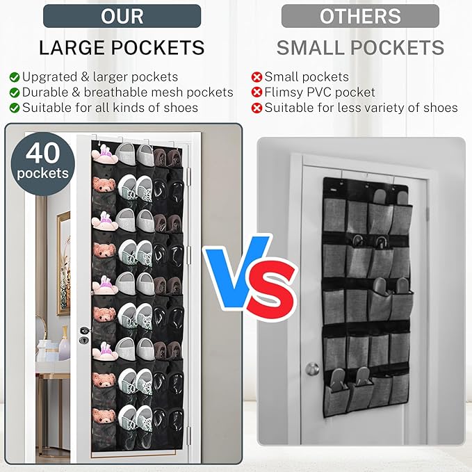 Over the Door Shoe Organizer,40-Pocket Hanging Shoe Rack for Closet Door,Shoes Storage Holder Hanger with Large Mesh Pocket for Women Men Shoes,Flip Flops(Black)