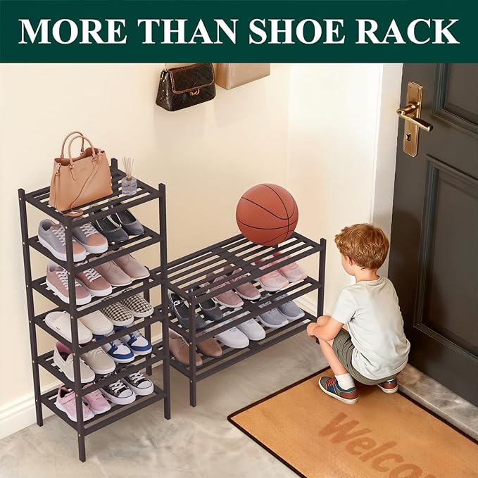 Smiry Long Bamboo Shoe Rack 5-Tier, Stackable Wooden Shoe Organizer for Entryway & Closet, Free Standing Wood Shoe Storage Shelf for Front Door & Small Spaces, Brown