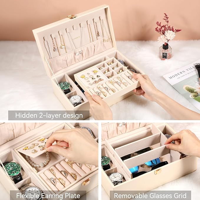 LANDICI Jewelry Box Organizer for Men Women, 2 Layer 4 Slot Watch Storage Case with Removable Tray, PU Leather Large Jewellery Holder Display for Watches Sunglasses Rings Earrings Necklace, Apricot