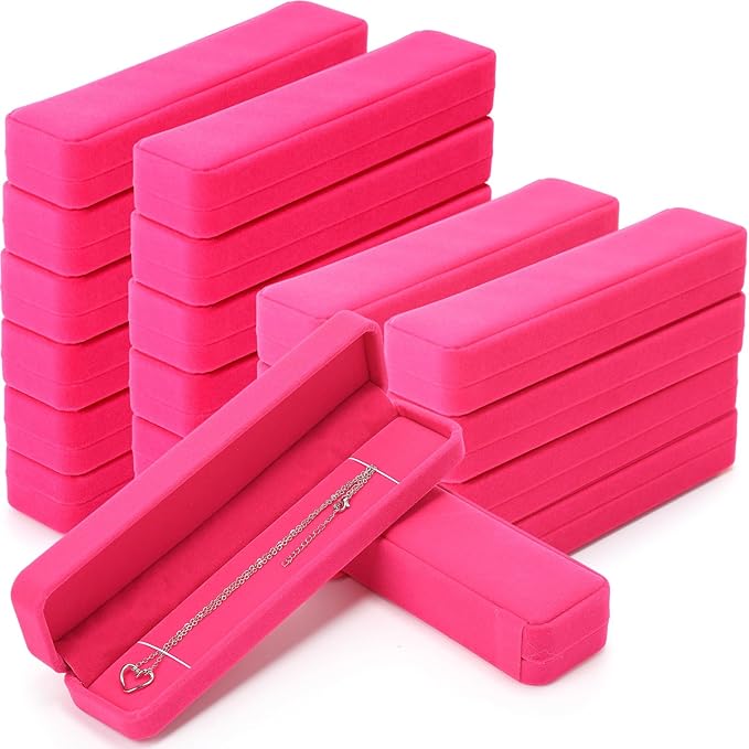 Batiyeer 24 Pcs Velvet Bracelet Box Bulk Jewelry Chain Necklace Box Bracelet Storage Case Long Jewelry Case for Valentine Wedding Pendant Display, 8.86 x 2.13 x 1.38 Inch(Hot Pink)