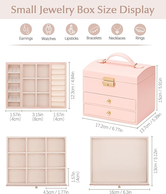 Homde Women Jewelry Box with Lock: 3 Layers Modern Organizer - Pink Storage for Ring Necklace Earring - Birthday Christmas Gifts for Girls