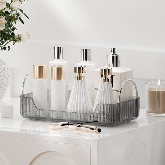 YCIA&DONE Bathroom Organizer Countertop, Makeup Storage, Skincare Cosmetic Tray Shelf, Perfume Holder Rack for Vanity Counter, Large Capacity, Easy to Install, Clean, 1 Tier, Smoky Gray