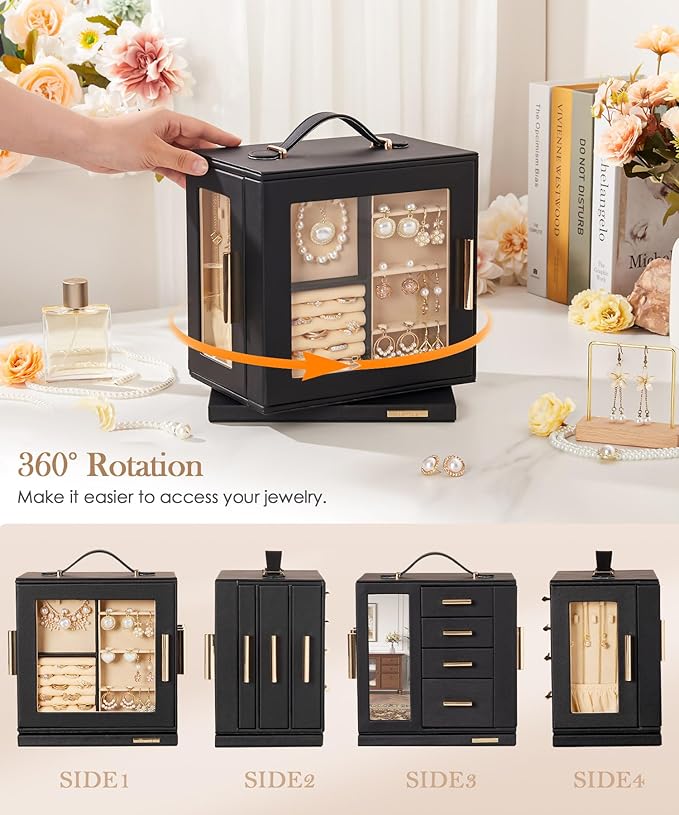 Homde Valentine's Day gifts Jewelry Box 360° Rotating, Necklace Earring Organizer with Transparent Window, Mirror, 7 Drawers, Large Ring Display Storage Case for Girls Women (Black)