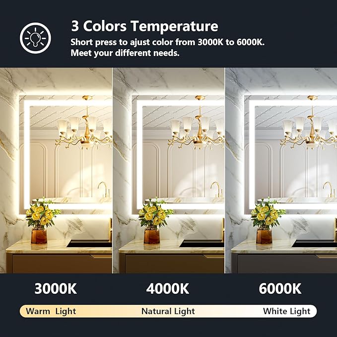 48x30 Inch LED Bathroom Mirror with Lights Front and Backlit Lighted Vanity Mirror for Bathroom Wall with 3 Colors Dimmable Anti-Fog Memory Shatter-Proof IP54 Waterproof Horizontal/Vertical