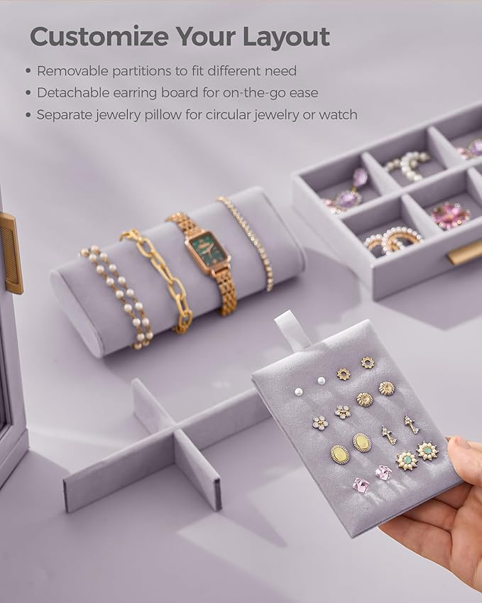 360° Rotating Jewelry Box with 7 Drawers, Spacious Vertical Jewelry Organizer with Glass Window, Jewelry Storage Case, Dustproof & Moisture-resistant Design, Grey