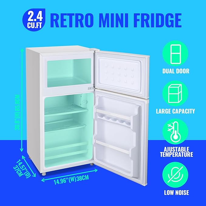 2.4 Cu.ft Small Refrigerator with Double Doors Mini Fridge with Freezer Dorm Refrigerator For Singel 7 Mode Temperature Suit for Apartment Bedroom Rv White