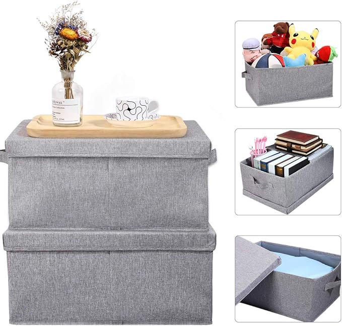 HOONEX Linen Foldable Storage Bins with Lids, 2 Pack, Storage Boxes with Carrying Handles and Sturdy Heavy Cardboard, 16.5" L x 11.8" W x 7.5" H for Shoes, Books, Clothes, Light Grey