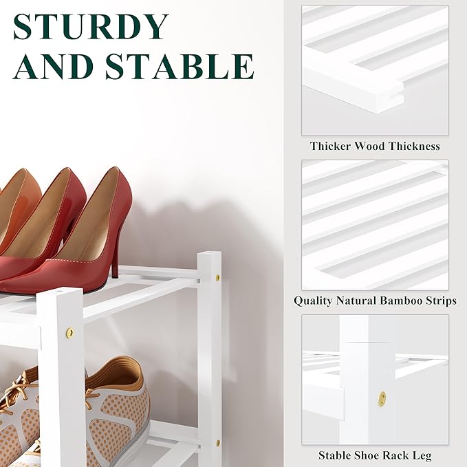Smiry Bamboo Shoe Rack for Closet, 4 Tier Small Wooden Stackable Shoe Organizer, Free Standing Shoes Storage Shelf for Entryway, Front Door Entrance, White