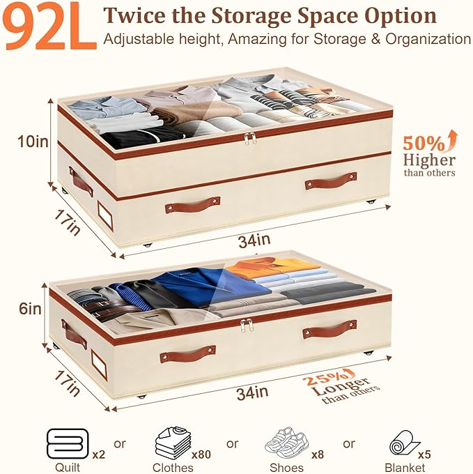 Dolicer 4 Pack Under Bed Storage with Wheels, 6in-10in Height Adjustable Underbed Storage Containers, 92L XXXL Under Bed Drawers Rolling Bin with Clear Lids for Dorm Shoes Clothes Organizers(Beige)