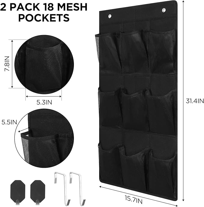 2 Pack 18 Pocket Wall Hanging Shoe Rack for Closet RV Shoe Storage with 8 Hooks over the Door Shoes Holder Organizer for Bathroom, RV, Pantry, Camping(Black)