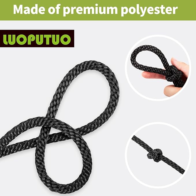 3/8 Inch 200FT Black Polyester Solid Braid Rope | High UV & Abrasion Resistance | Industrial Grade, Low Stretch | Multipurpose for Flag Poles, Clotheslines