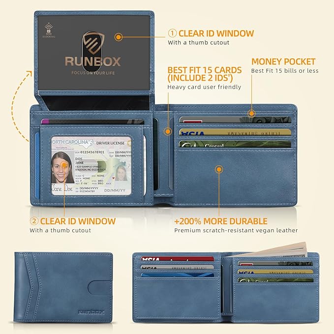 RUNBOX Wallet for Men Slim Rfid Leather 2 ID Window With Gift Box | Slim, Rfid, 2 ID Window, With Gift Box, Slim, Rfid