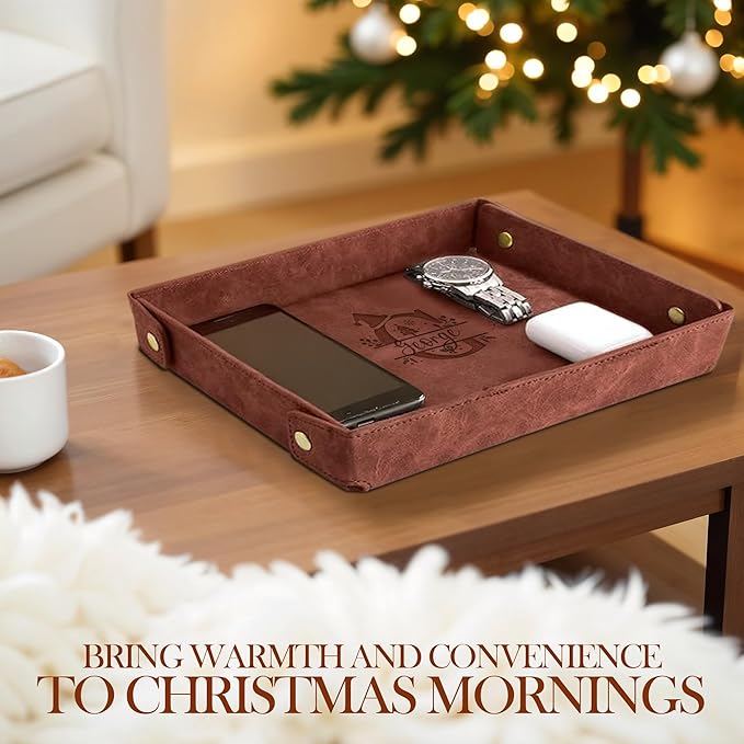 Engraved Christmas Light Coffee Leather Valet Tray – Personalized Rectangle Catchall Organizer for Wallet, Keys & Jewelry – Gift for Men, Dad, Couples – Dresser Top or Coffee Table Decor