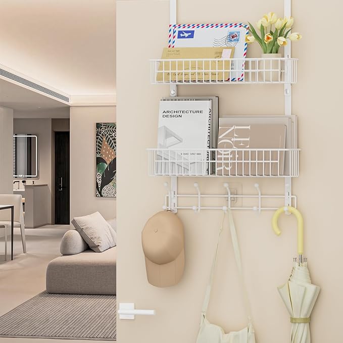 Over The Door Hooks, Door Hanger Towel Rack with 10 Coat Hooks & 2 Mesh Basket, Over Door Storage Organizer for Bathroom, Bedroom, Kitchen, Office, Easy Installation, White