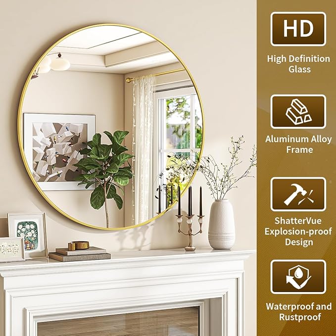 Gold Round Mirror, 48 Inch Circle Bathroom Mirror with Metal Frame, Wall-Mounted for Entryway, Bathroom, Vanity, Living Room