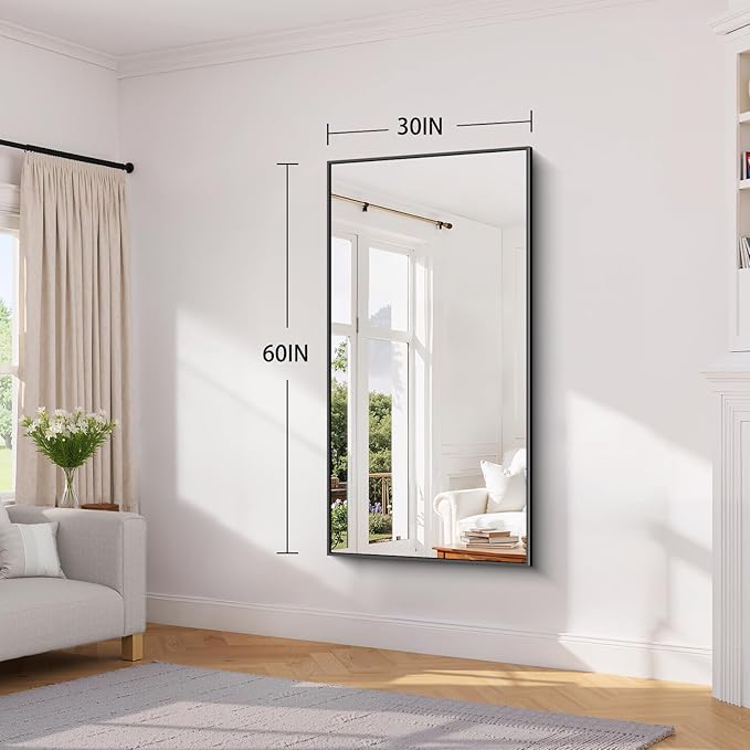 Koonmi Black Framed Bathroom Mirror - Shatterproof 30"x60" Tempered Glass, HD No Distortion, Horizontal/Vertical Mount, Modern Matte Aluminum Alloy Frame