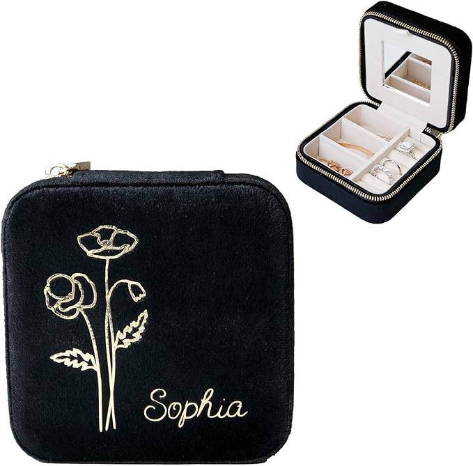 Customizable Compact Velvet Jewelry Box with Mirror, Travel Jewelry Case, Travel Jewelry Organizer, Jewelry Box for Women and Girls, Small Jewelry Organizer (Flower Design, Black)