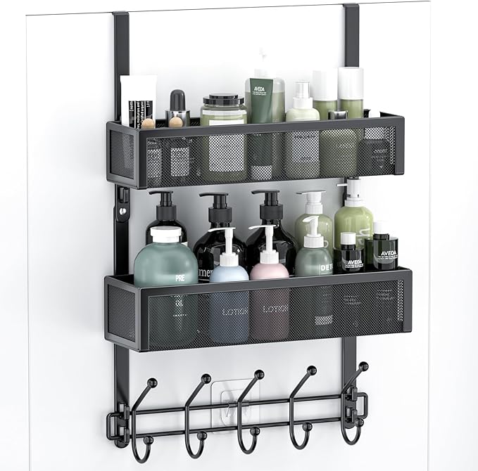 Adjustable Over The Door Hooks Organizer, Door Hanger Coat Rack with 2 Mesh Baskets and 10 Hooks, Back of Door Storage Organizer for Bedroom,Bathroom,Kitchen (Black)