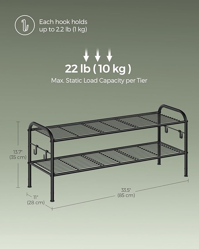 SONGMICS Shoe Rack, 2-Tier Shoe Organizer, Metal Shoe Shelf Storage with 4 Side Hooks, Holds 10 Pairs of Shoes, Height-Adjustable Shoe Rack for Entryway, Hallway, Closet, Ink Black ULMR128B01