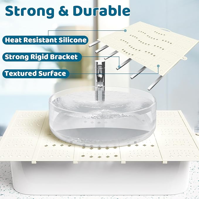 Bathroom Sink Cover for Counter Space, Foldable Silicone Sink Mat Makeup Organizer Mat Space Saver, Women’s Gifts for Christmas RV Camper Travel Must Haves Accessories, Pearl