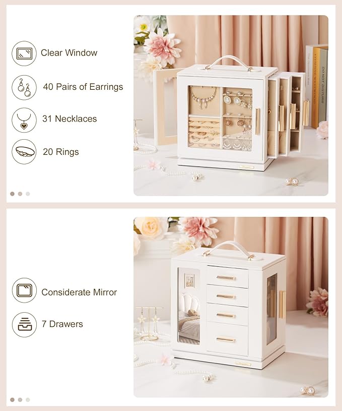 Homde Valentine's Day gifts Jewelry Box 360° Rotating, Necklace Earring Organizer with Transparent Window, Mirror, 7 Drawers, Large Ring Display Storage Case for Girls Women (White)