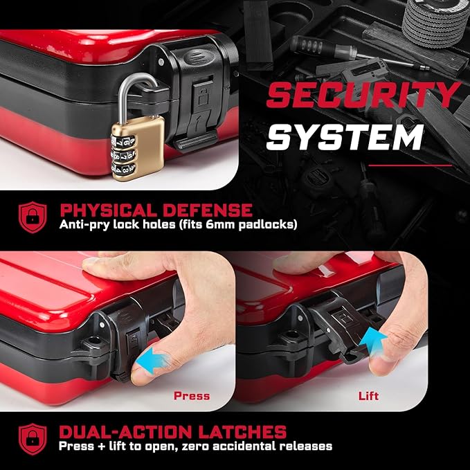 11”Red Tools Box, Portable Steel Heavy-duty Tool Case with Safety Latch and Handle for Tools Storage and Organizers, Home DIY