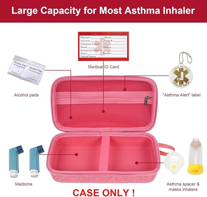 MGZNMTY Travel Carrying Case Compatible with Asthma Inhaler Spacer for Adults and Children, Masks, Inhaler Holder with Asthma Alert Tag and Medical Card, Carabiner (Only Case) (Pink)