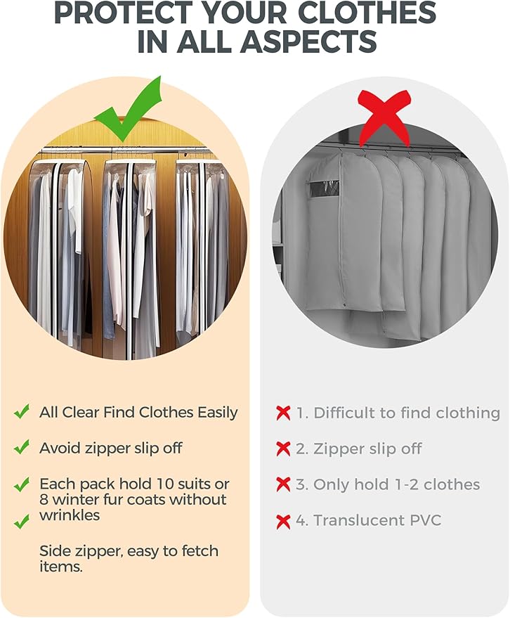 4 pcs 60" Garment Bags for Hanging Clothes, Clear Suit Bags for Closet Storage Clothing Storage, Garment Bags for Travel Covers with 10" Gussets for Coats, Jackets, Shirts and Sweater