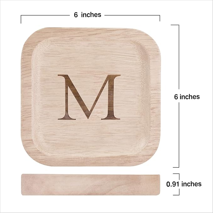 I'm Wooden Personalized Letter Catchall Valet Tray Trinket Dish Jewelry Tray Key Bowl Decorative Plate Organizing Ring Earrings Necklaces Bracelet Watch Coins Wallet Holder (6"x6" Sq Natural M)