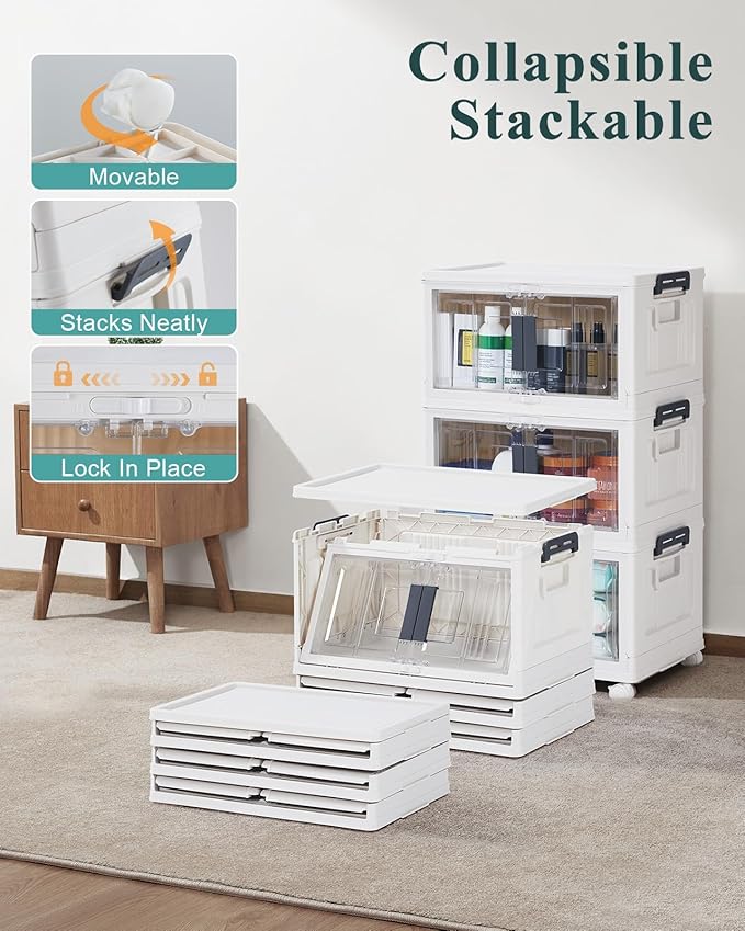 OlarHike 23QT Stackable Storage Bins with Lids - Folding Storage Box with Doors and Wheels, Collapsible Plastic Storage Bins for Closets and Organization, Gifts, 3 Pack Cubes