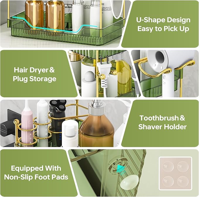 Bathroom Counter Organizer with Hair Dryer Holder and Toothbrush Holder, Acrylic Vanity Tray for Skincare, Perfume, Makeup Storage on Countertop ＆ Dresser (Green, 3-Tier)