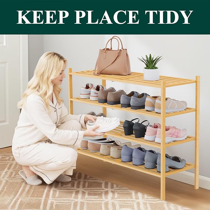 Smiry Long Bamboo Shoe Rack 4-Tier, Stackable Wooden Shoe Organizer for Entryway & Closet, Free Standing Wood Shoe Storage Shelf for Front Door & Small Spaces, Natural