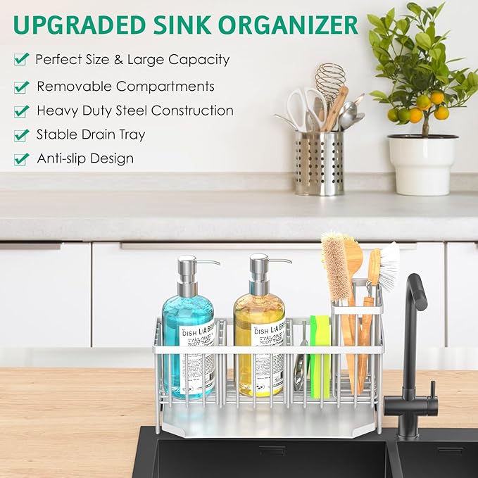 TomCare Sponge Holder for Kitchen Sink 11'' Large Sink Organizer Caddy with Drain Tray Brush Holder Rustproof with 2 Adjustable Dividers Durable Kitchen Storage Accessories for Counter, Silver Grey