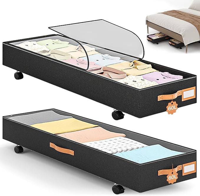 Under Bed Storage with Wheels 39inch, Extra Long Under Bed Storage Bins, Low Profile Under Bed Storage 5.5inch Height No Assemble Storage Containers, Under Bed Shoe Storage with Lids
