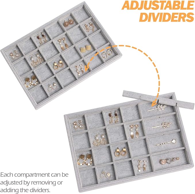DIOMMELL Set of 4 Stackable Velvet Jewelry Trays Organizer, Jewelry Display Storage Box Showcase Holder Dresser Drawer Organizer for Earring Necklace Bracelet Ring Accessary, Grey