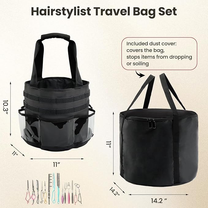 Hairstylist Travel Bag, with Dust Cover, 11L Large Capacity, Heat-Resistant Interior, Clear Pockets, DIY Velcro Straps, Top Drawstring, Bathroom Cleaning/Pet Grooming Supplies Organizer