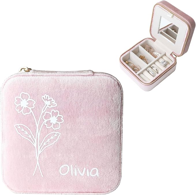 Customizable Compact Velvet Jewelry Box with Mirror, Travel Jewelry Case, Travel Jewelry Organizer, Jewelry Box for Women and Girls, Small Jewelry Organizer (Flower Design, Powder Pink)