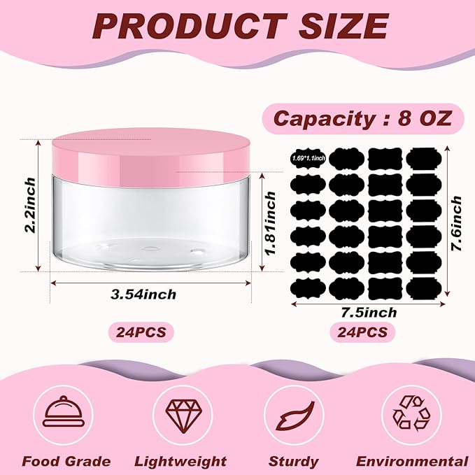 Dandat 24 Pcs 8 oz Plastic Jar Container with Lid and Label Refillable Empty Round Clear with Pink Pet Cosmetic Sample Slime Containers for Lotion, Cream, Ointments, Body Butter, Makeup Travel Storage