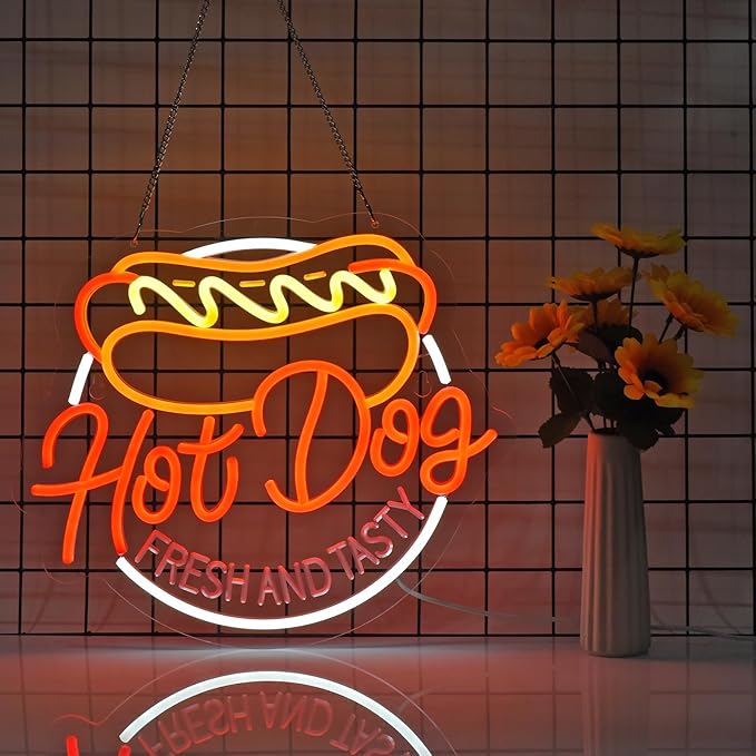 Hot Dog Neon Sign for Wall Decor LED Light up Sign Business Signage for Home Kitchen Restaurant Bar Cafe Fast Food Shop Gift 14.6" x 12.6" Led Art Wall Hanging Decorative Lights