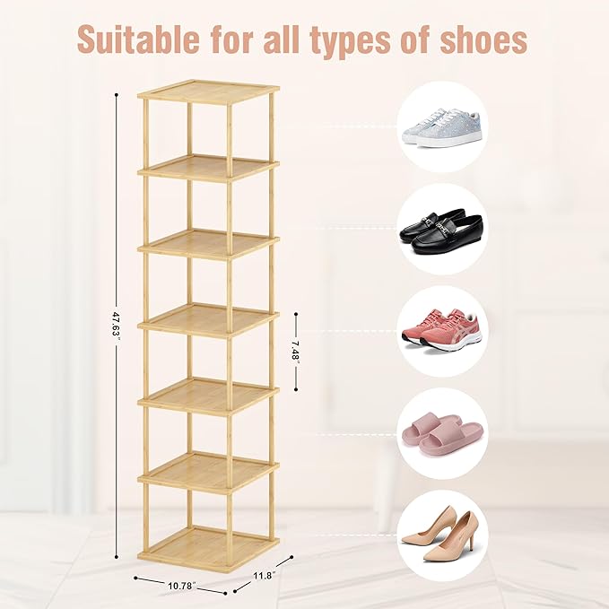 Bamboo Free Standing Shoe Rack Shelf Multi Tier Tall Wooden Stackable Shoes Rack Organizer for Closet Front Door Entrance Narrow Vertical Shoe Storage (Bamboo, 7 Tiers)