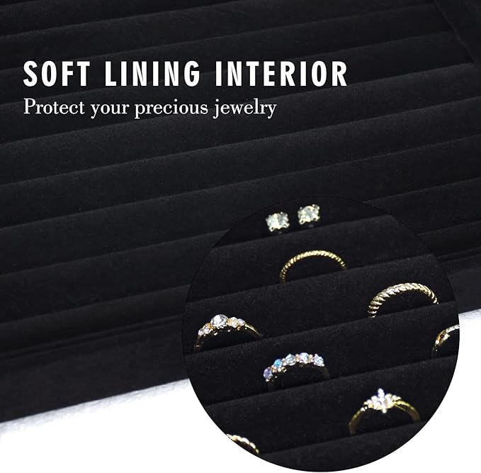 Rings Organizer Tray 10 Slots Velvet Ring Display Tray Insert Jewelry Earring Storage Box with Transparent Glass lid Can Hold 100 Rings Earrings Suitable for Girls and Women (Black)