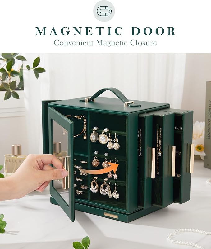 Homde Valentine's Day gifts Jewelry Box 360° Rotating, Necklace Earring Organizer with Transparent Window, Mirror, 7 Drawers, Large Ring Display Storage Case for Girls Women (Forest Green)